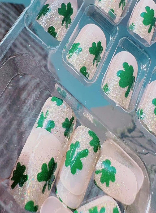 BSBTBZ Glitter St. Patrick's Day Nails Short Short Square Fake Nails With Four-Leaf Clover Designs French Glossy Sparkly Cute Shamrock Press ons Glue on Nails False Nails Artificial Nails Stick on for Women - Image 2